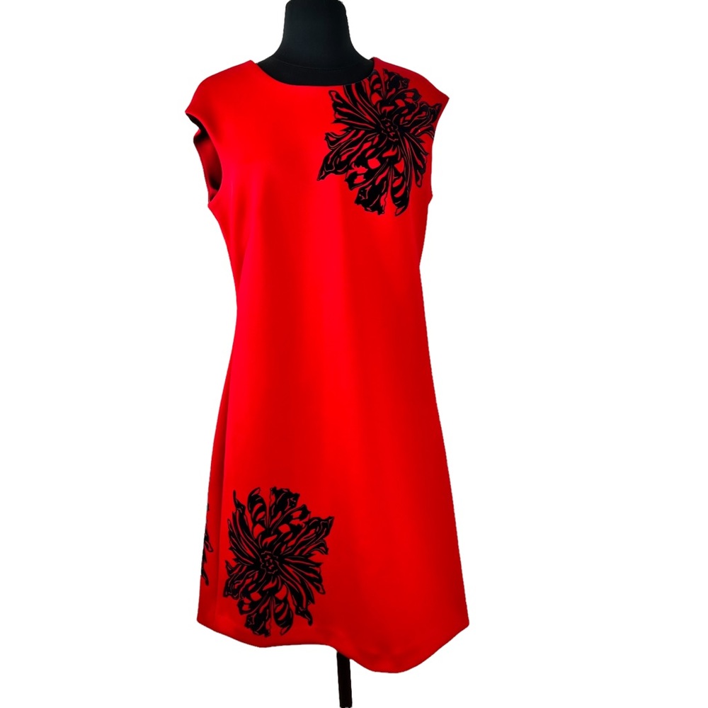 Calvin Klein career sheath dress bright red black floral sleeveless size 10